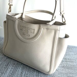 🌷 Tory Burch Cream Pebbled Leather Tote Logo Satchel Crossbody